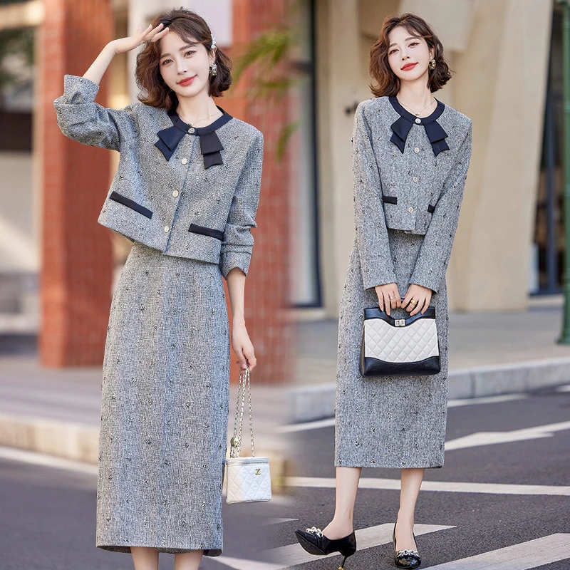 财阀千金系列2025新款秋冬气质重工小香套装亮丝长裙两件套女