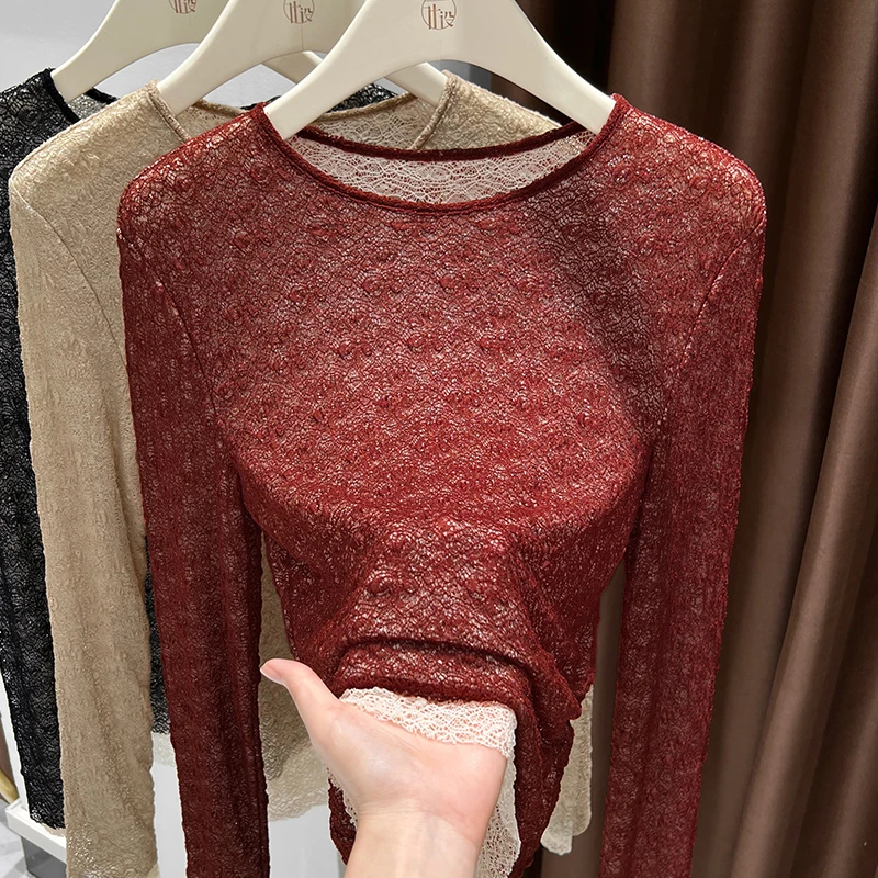 高级感蕾丝打底衫女薄款内搭基础款红色长袖上衣春秋新款撞色小衫