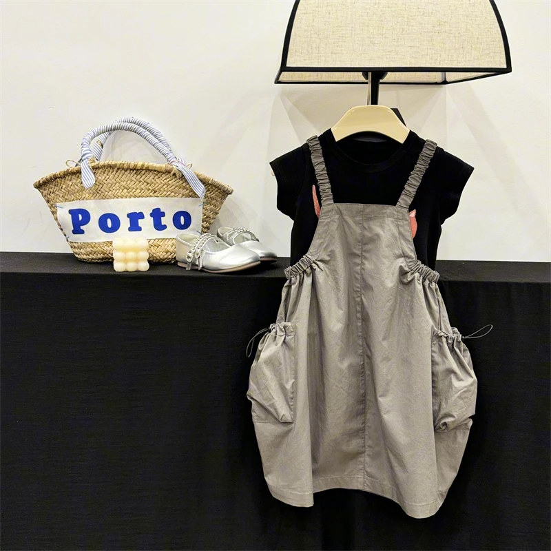 现货【小酷】女童背带裙夏季新款小女孩休闲裙子儿童纯色夏装连衣裙