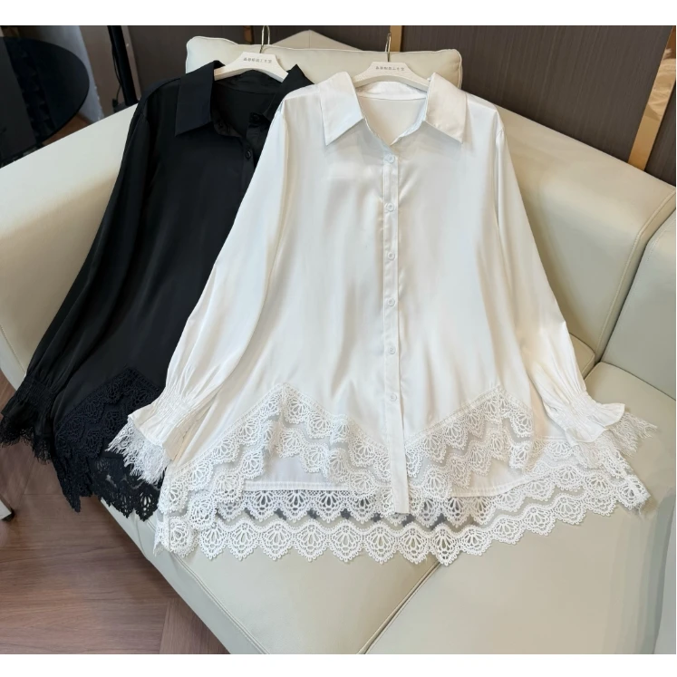 【鑫蕾】蕾丝拼接白色衬衫女新款高端轻奢气质上衣28566