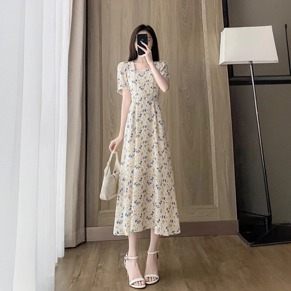 纳霍浦勒法式雪纺碎花连衣裙女夏季修身气质方领收腰显瘦a字裙