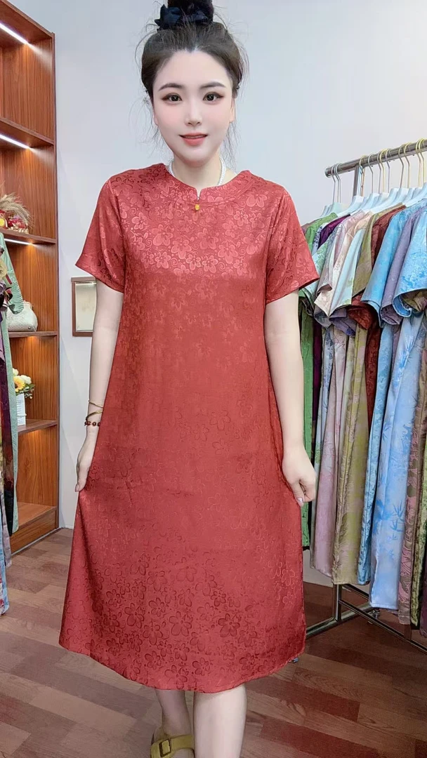 【圆领小红花】夏季新款妈妈装遮肉显瘦连衣裙
