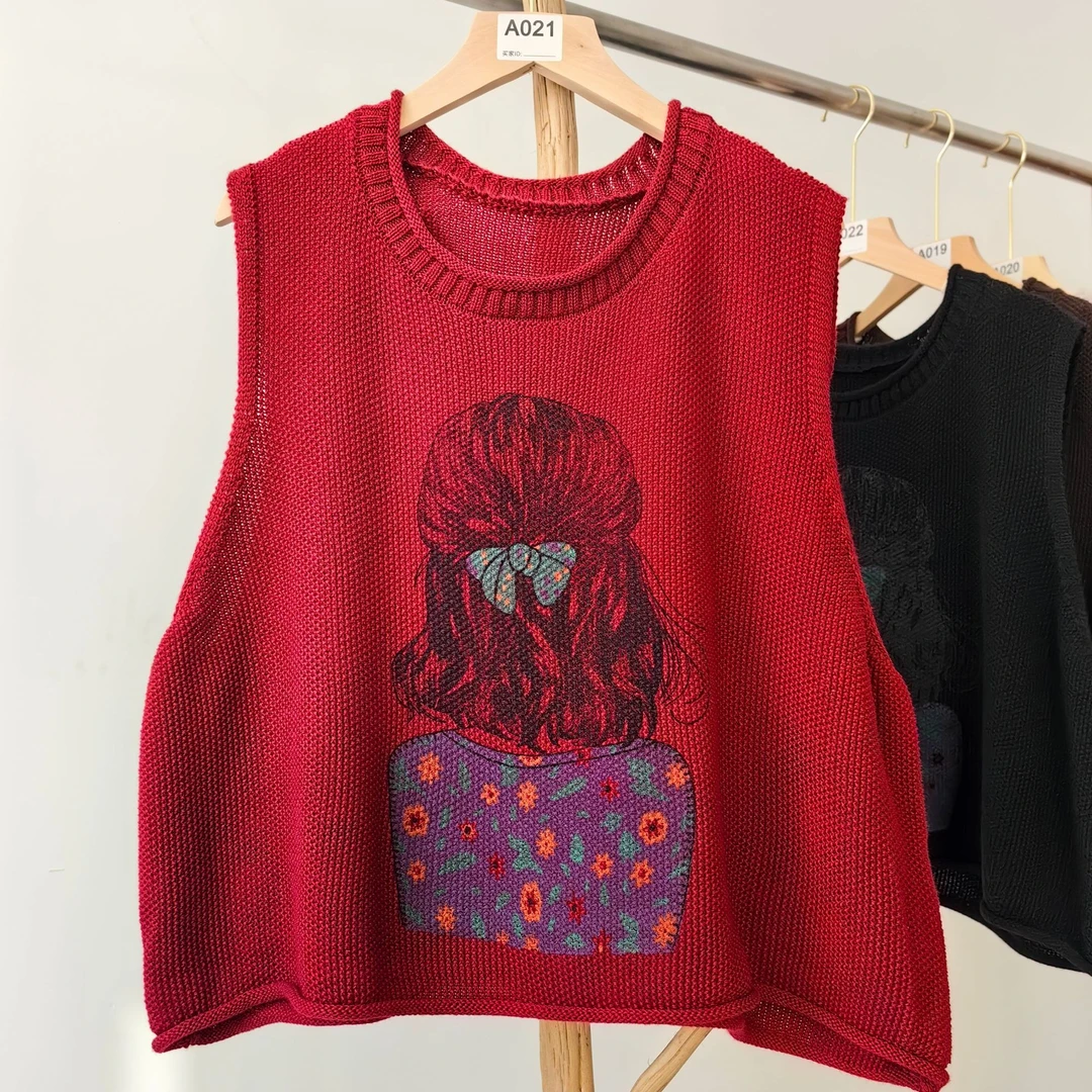 迪米原创新款文艺圆领麻棉线外搭春季宽松百搭休闲女针织美女背心