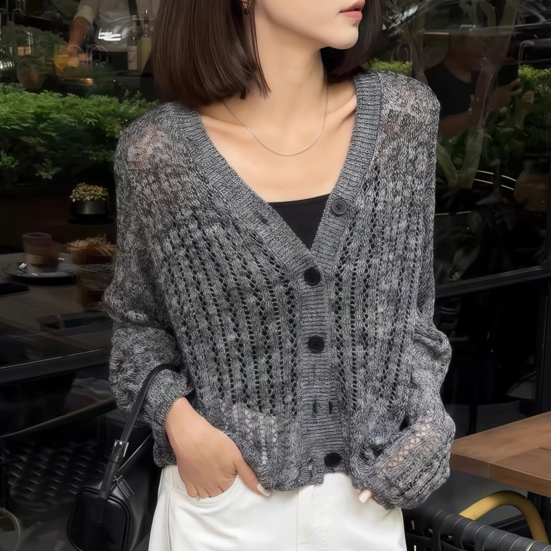 灰色镂空针织开衫外套女2025春夏新款别致高级感显瘦外搭上衣外套