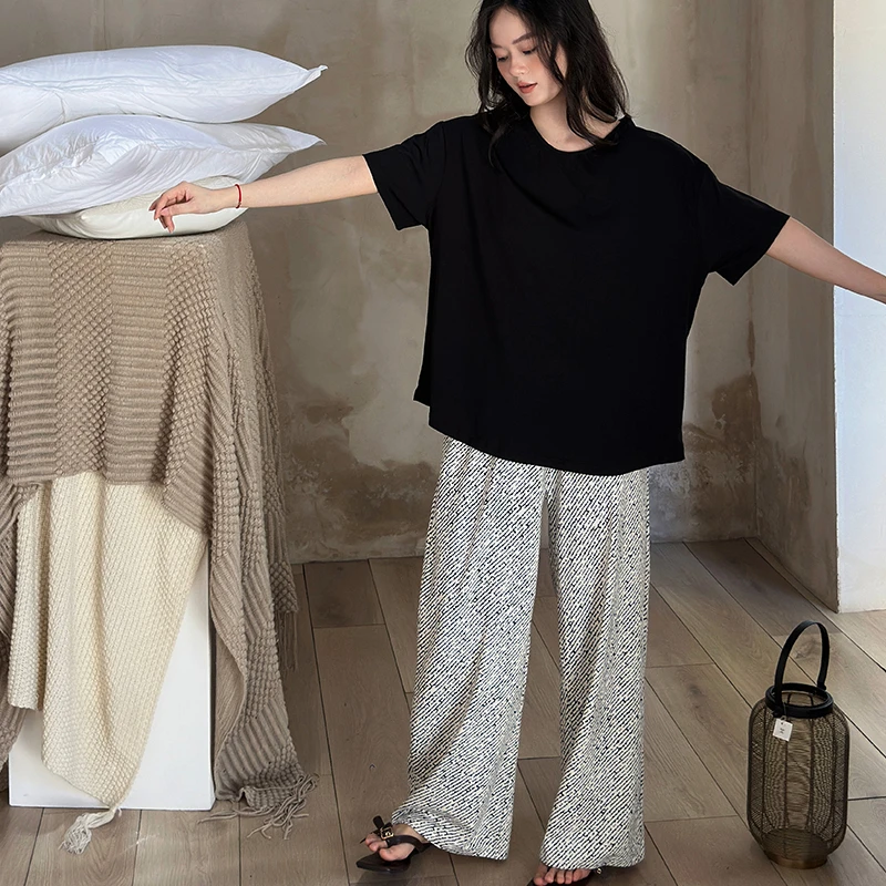 睡衣女夏季【凉感】莫代尔棉家居服宽松休闲秋天短袖长裤可外穿套装