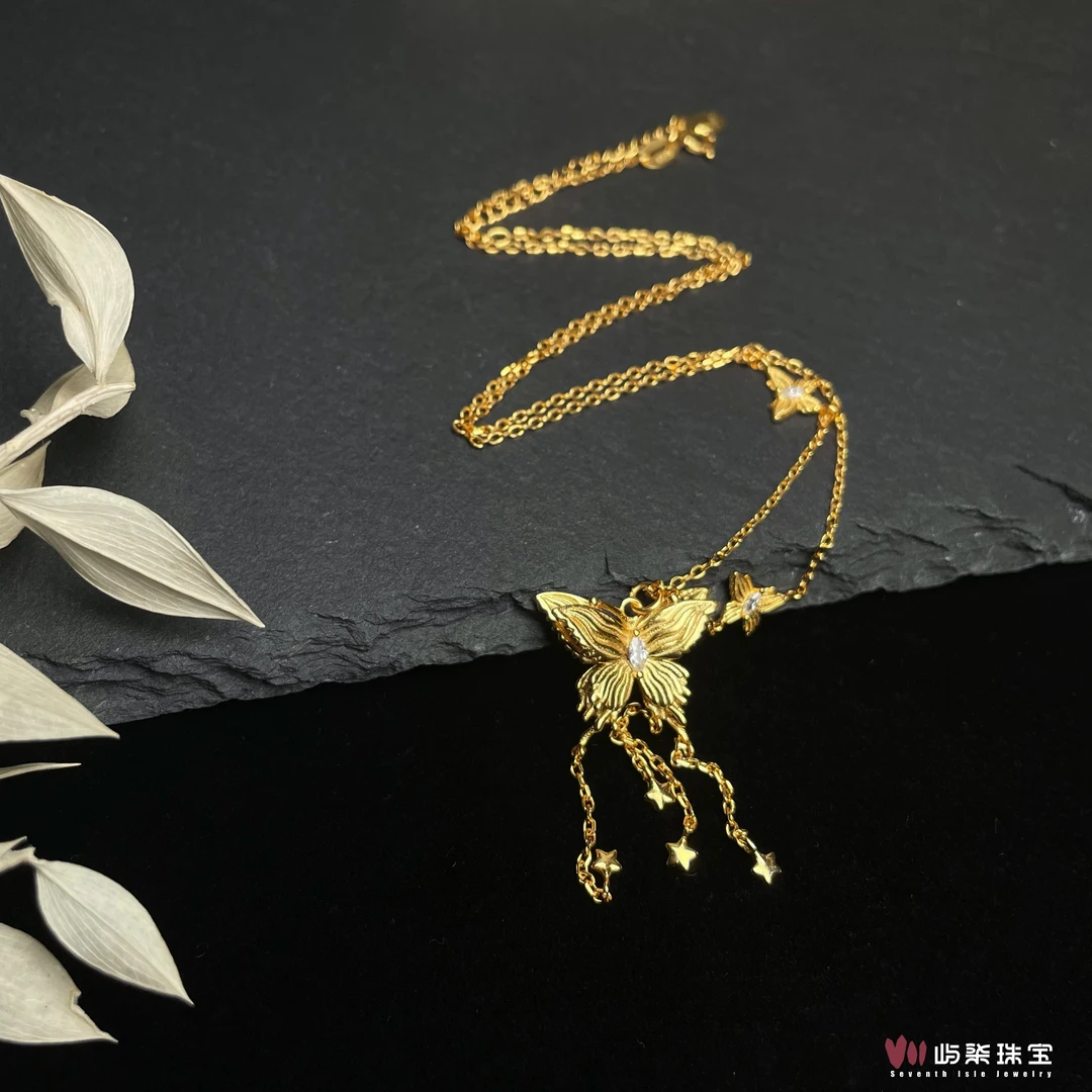 链子925银 【要努力】A697 银925饰品 金色蝴蝶套链
