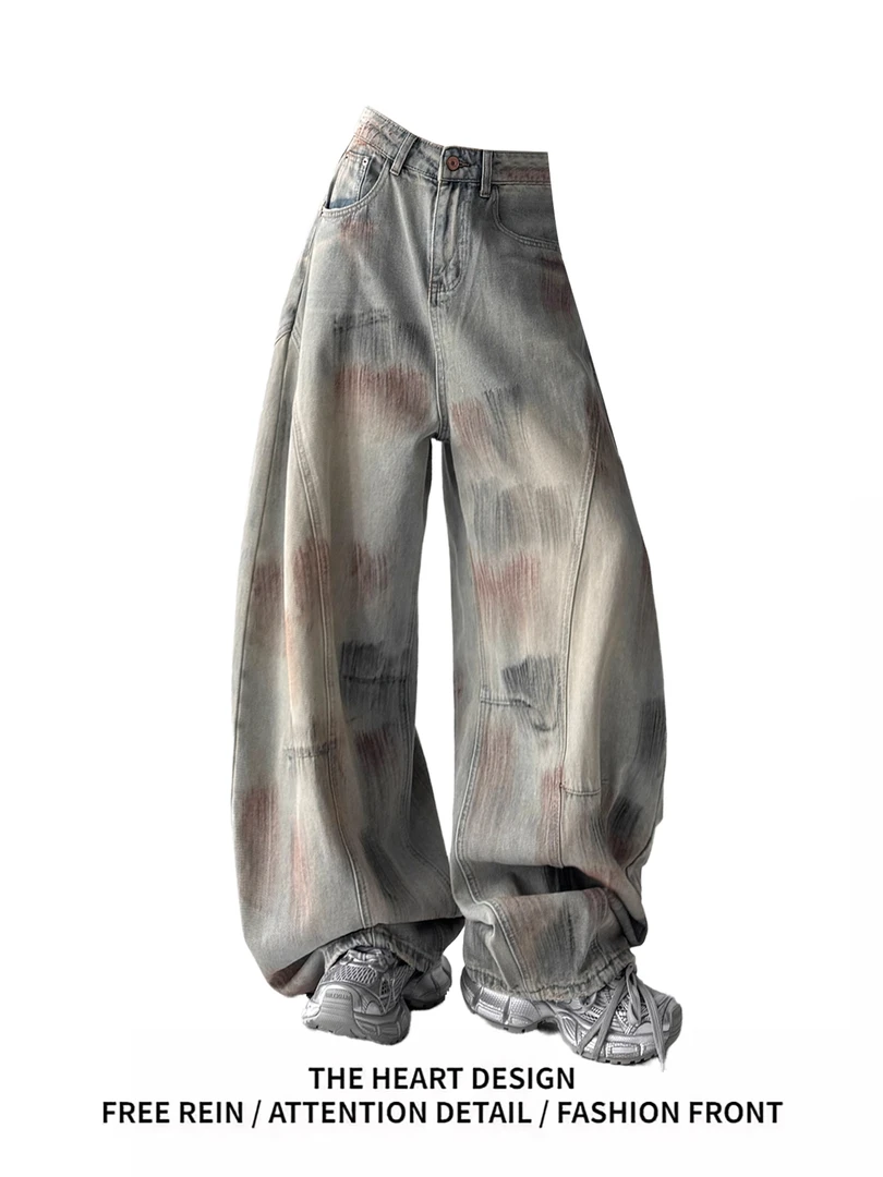 2025秋季新款时尚百搭设计感牛仔裤女宽松涂鸦阔腿直筒长裤子