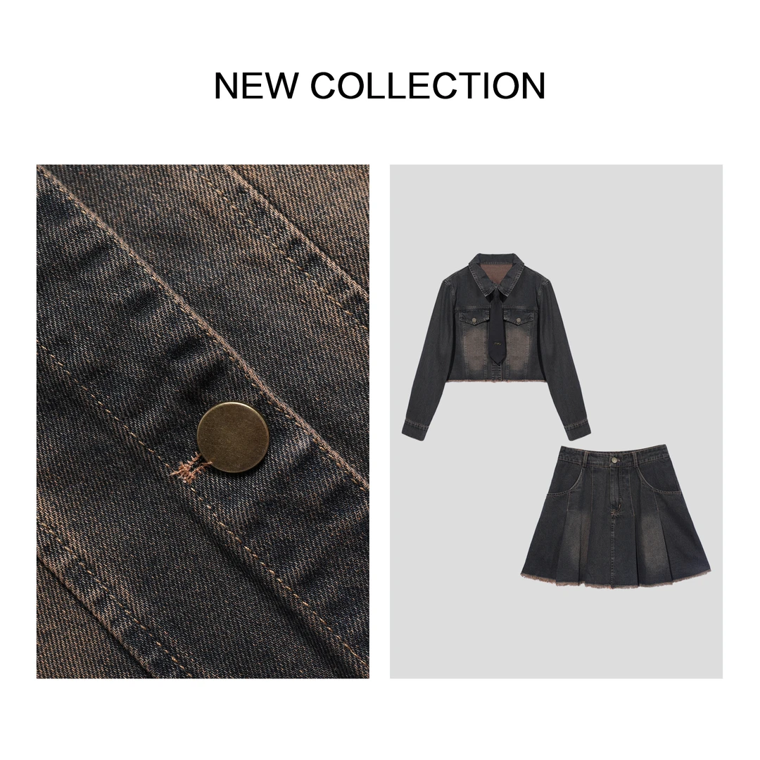 【小依专享】D1F36280B 复古牛仔套装牛仔外套+包臀短裙-6280