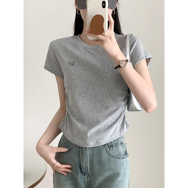 美式正肩修身显瘦辣妹爱心刺绣短袖T恤女夏季新款设计感短款上衣