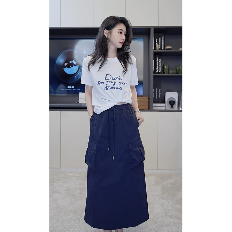 小乖逃X原纱防晒藏蓝半裙双口袋抽绳弹力松紧腰A摆半身裙 S25388