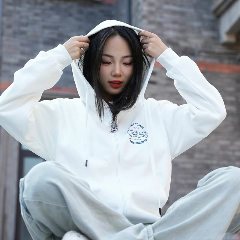 秋冬美式潮牌高级感连帽印花开衫女款显瘦宽松百搭休闲柔软质感