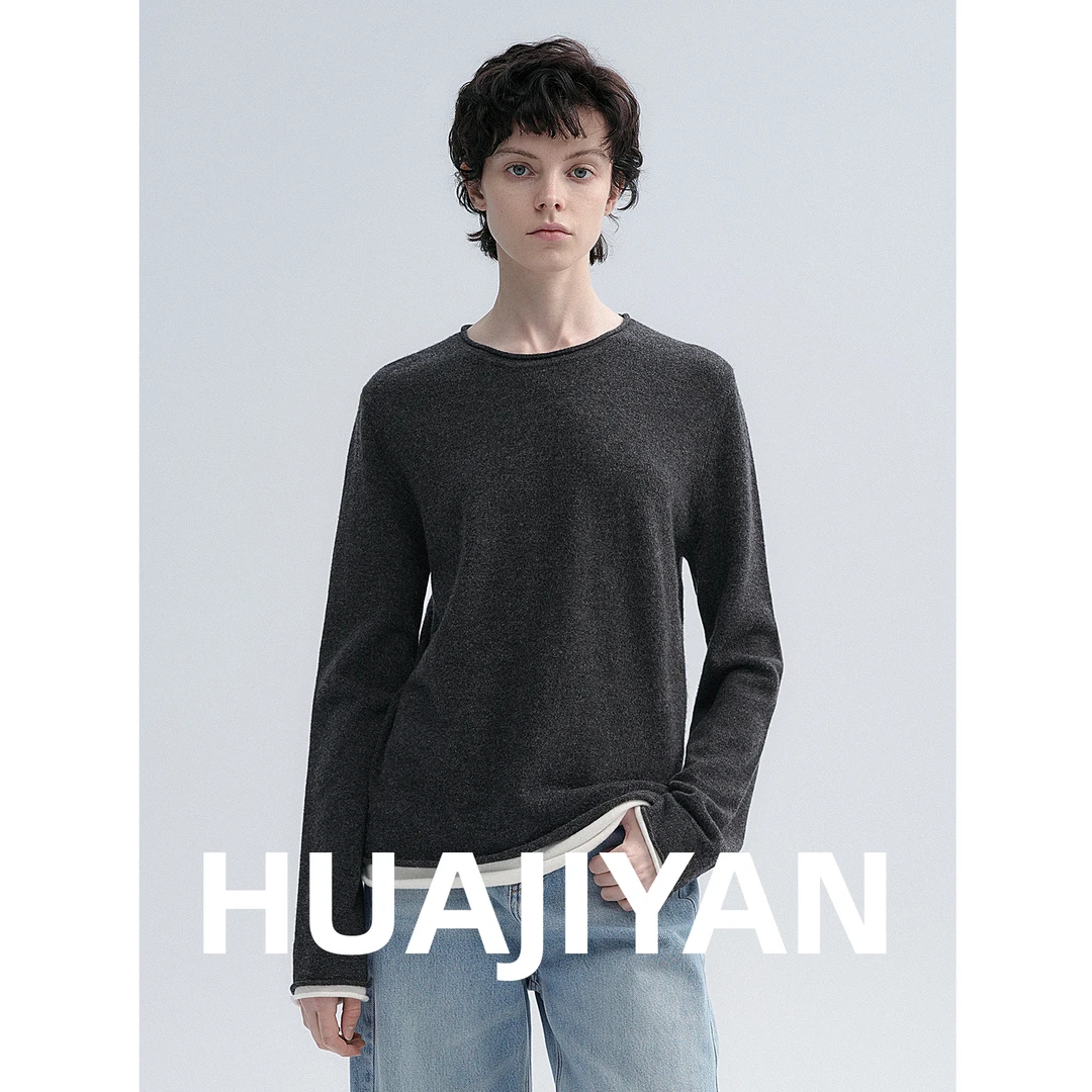 华吉言/HUAJIYAN【奶油卷】100羊毛卷边拼接假两件圆领毛衣