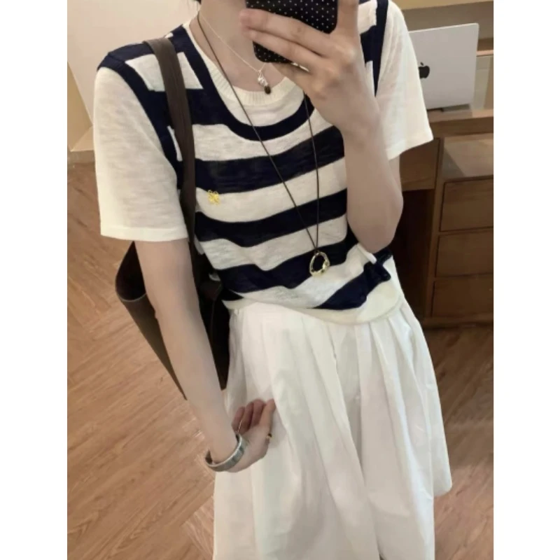 韩系假两件蓝色圆领针织短袖T恤女2025夏季高级正肩薄款拼接上衣