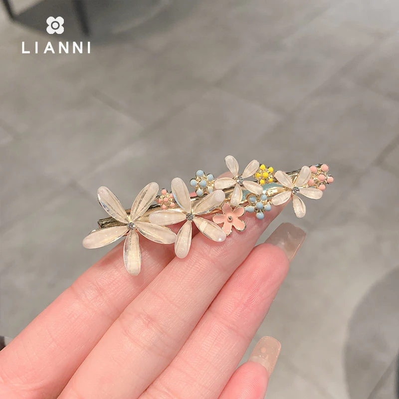 韩版新款发夹侧边鸭嘴夹琉璃花朵夹子超仙刘海发卡新款精致头饰女
