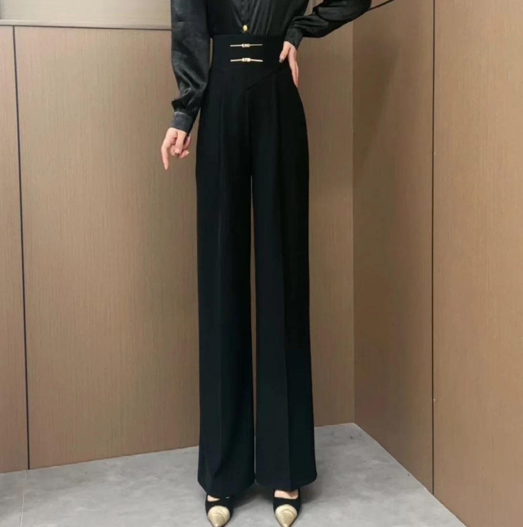 设计感无弹力女休闲风阔腿裤高腰西装裤宽松直筒时尚百搭显瘦