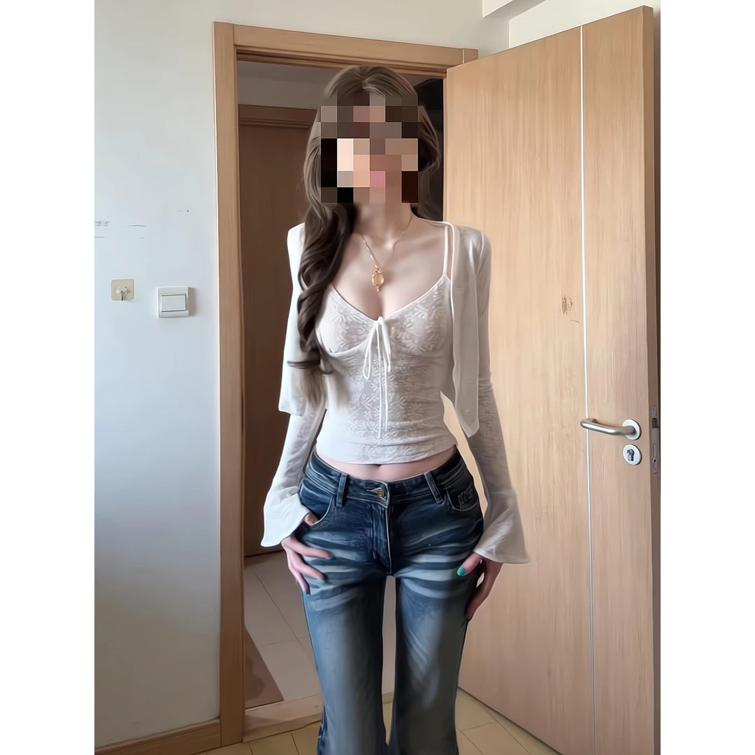 设计感白色挂脖背心气质开衫上衣女2025夏季显瘦牛仔裤吊带三件套