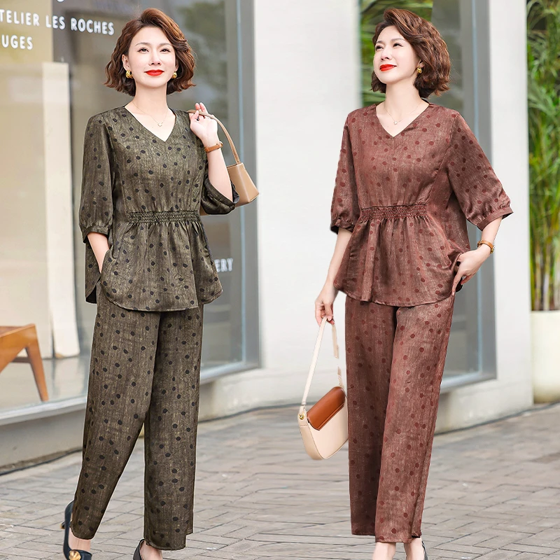 依澜衫中年大码V领妈妈装套装夏装中老年高档洋气衣服宽松冰丝