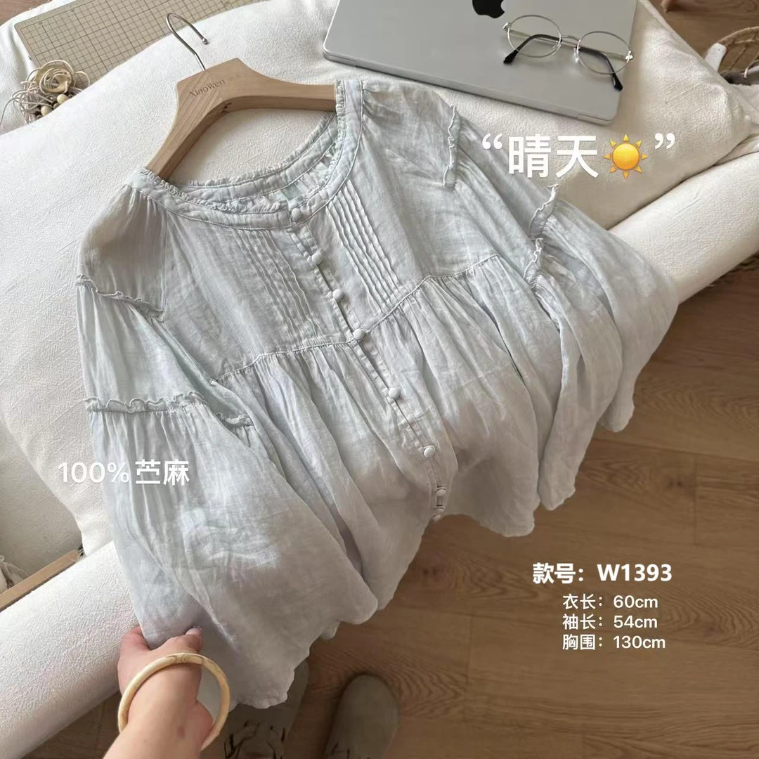 小文姐 W1393-‘晴天’森系甜美小清新圆领花边拼接小众百搭衬衫