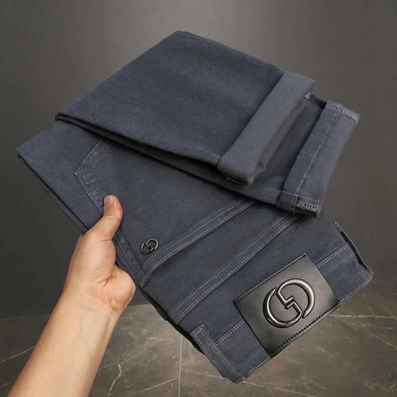 高端轻奢男士九分牛仔裤秋冬新款加绒加厚锁温弹力小直筒休闲长裤