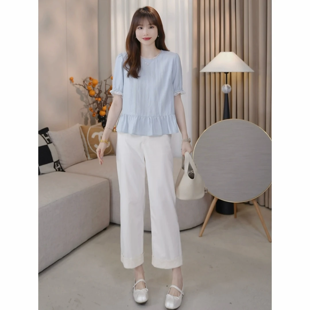 LMENY一裤双穿芦笋裤~欧若风穿搭花边裤脚显瘦八分裤25BK030