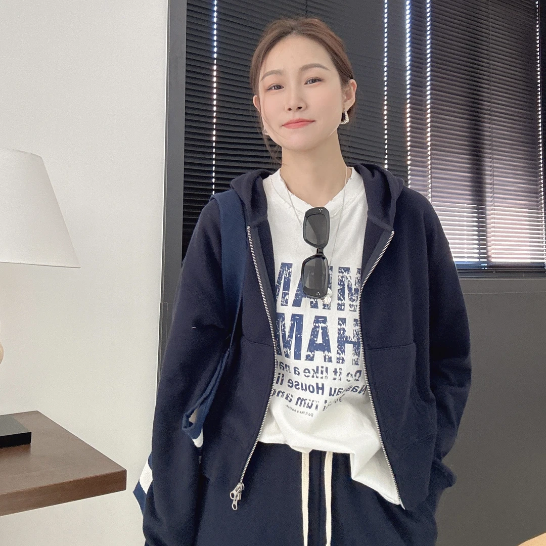 【丽姐女装】藏青连帽衫｜元气浅春系 极简清爽运动风实用外套W0299