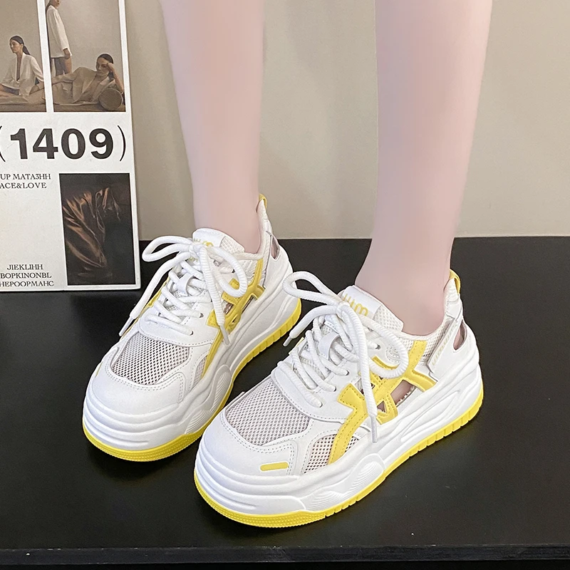 镂空小白鞋女厚底松糕小个子透气2025夏季新款网面增高板鞋女鞋潮