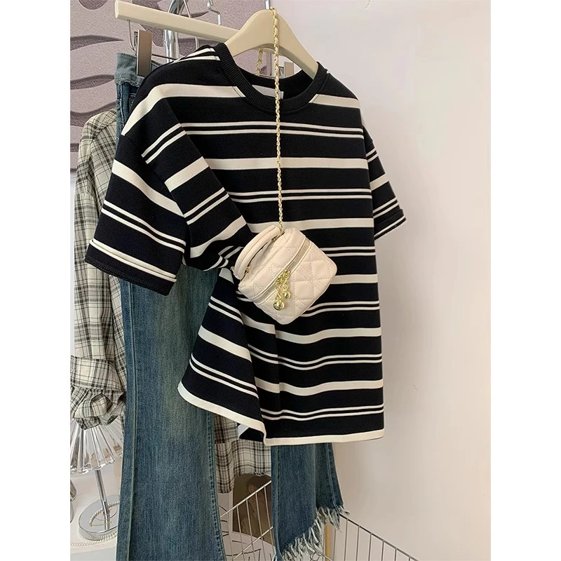240斤大码胖妹妹黑白条纹短袖T恤女2025新款夏季宽松正肩体恤上衣