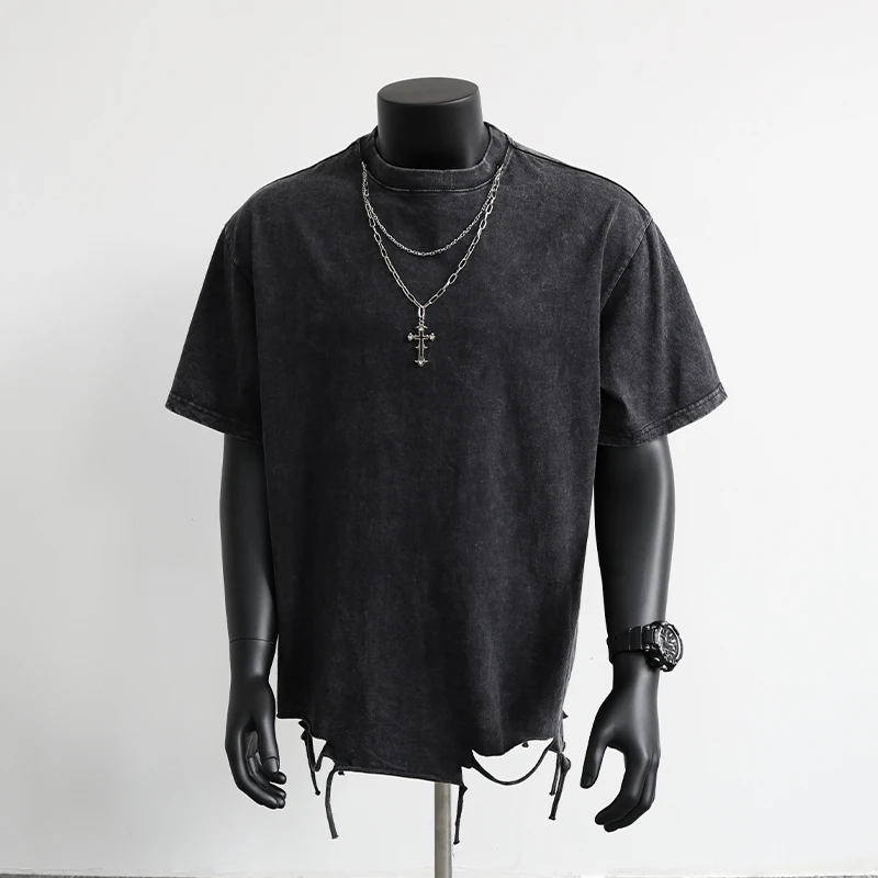 高街做旧水洗下摆手割破洞短袖嘻哈项链拼接百搭宽松T恤情侣上衣
