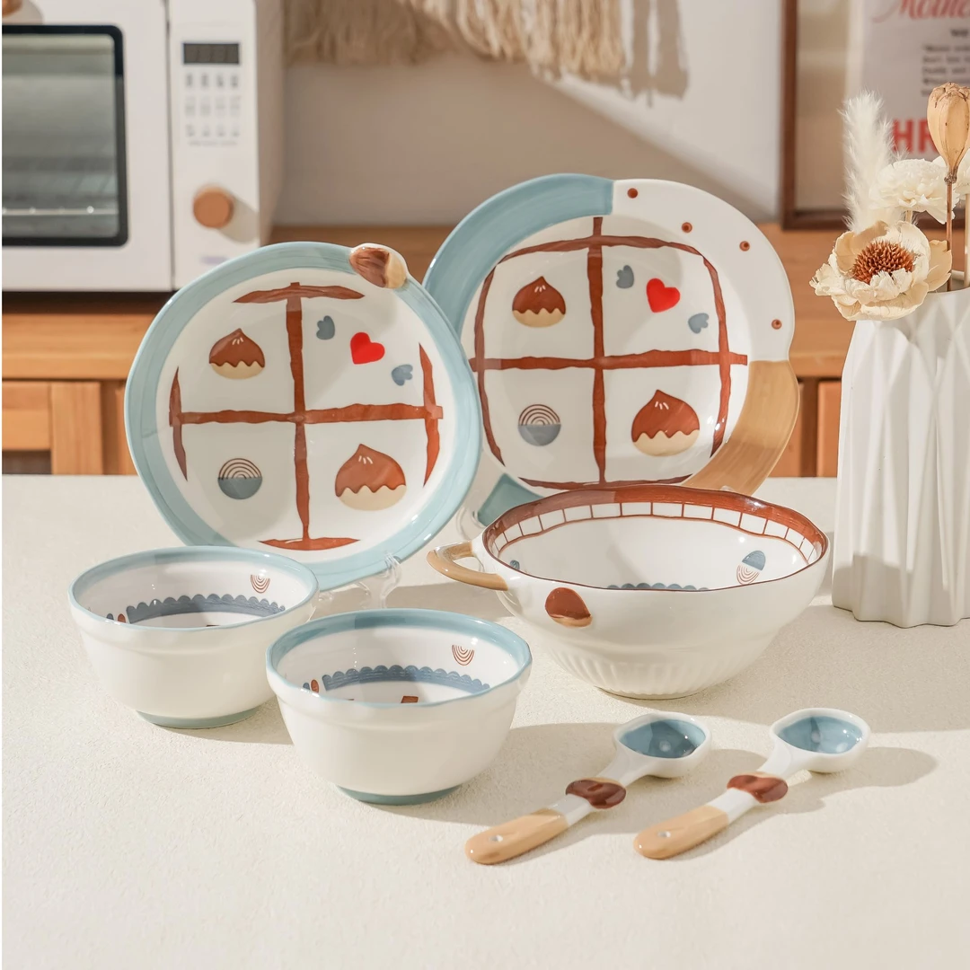 【萌绘坊】多种选择 7件套餐具高颜值家用高温釉下彩陶瓷手绘沙拉碗