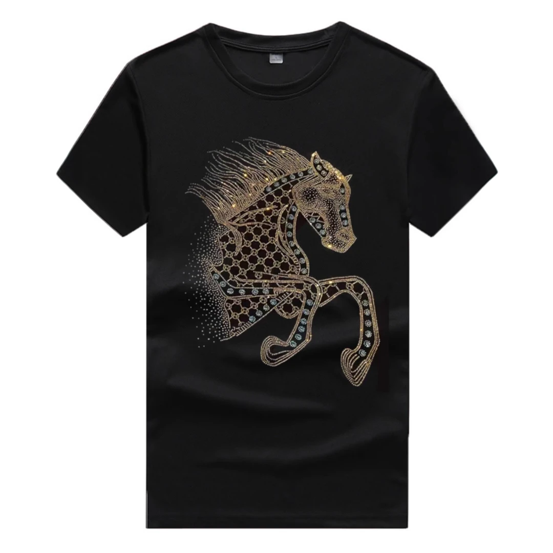 奥美普西比夏季战马烫钻短袖t恤男士青年精神大码时尚潮流圆领t恤