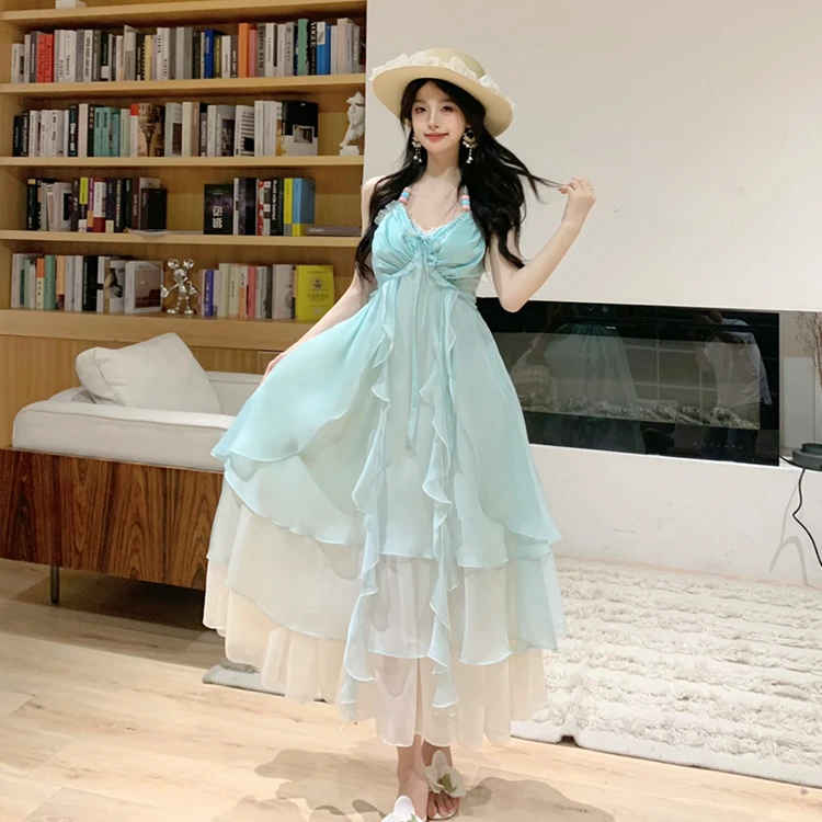 桔梗house梦见海现货夏日氛围感度假风薄荷曼波多巴胺吊带长裙
