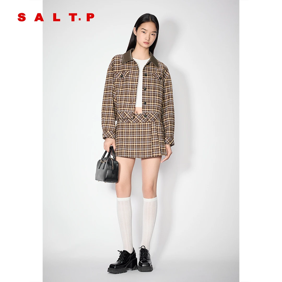 SALT.P可颜MIU系翻领深咖撞色格纹短外套女2025年秋季新款