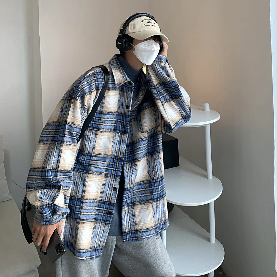 春秋磨毛格子衬衫痞帅宽松潮牌衬衫外套长袖厚款长袖衬衣