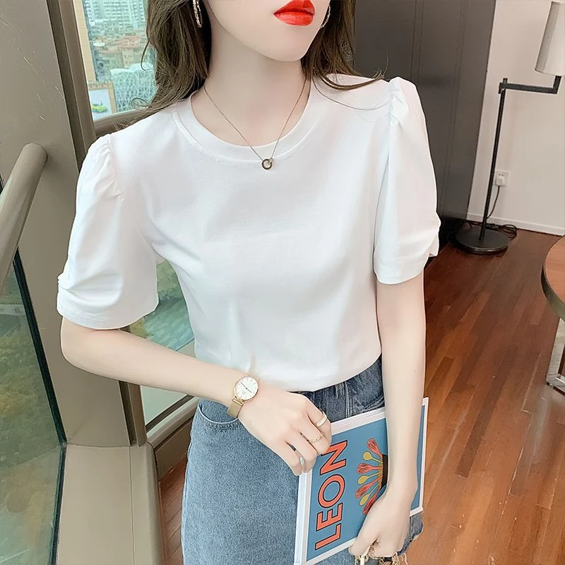 上衣女百搭气质2025夏季新款圆领泡泡袖洋气纯色修身显瘦T恤女装