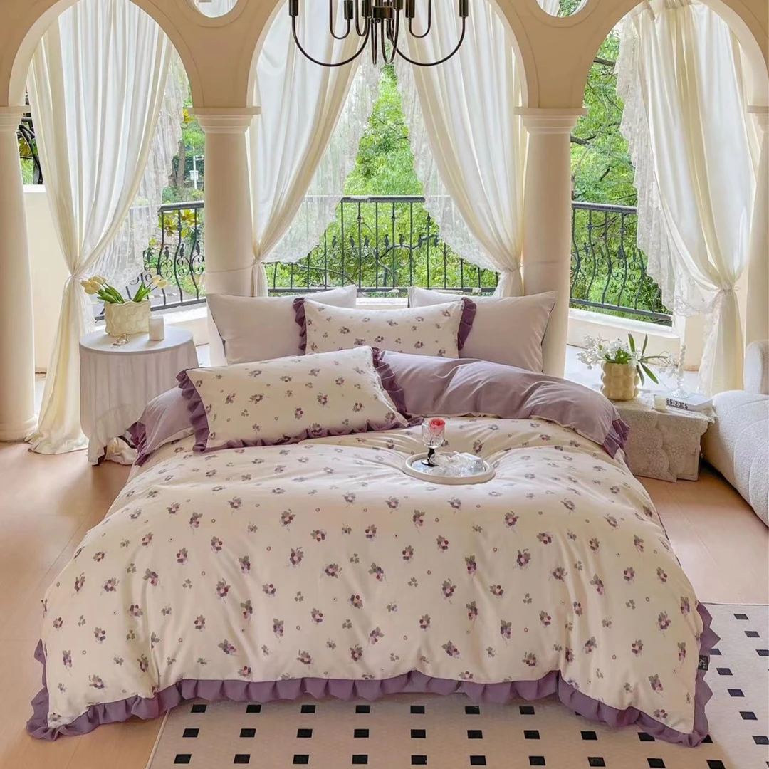 小玲子 紫葡萄 全棉纯棉三件套四件套 韩式雪纺纱花边小清新被套