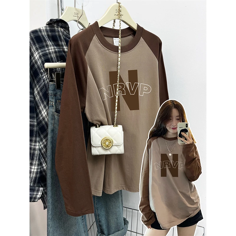 休闲慵懒风字母N插肩袖拼接撞色秋冬长袖T恤衫宽松大码女装上衣潮