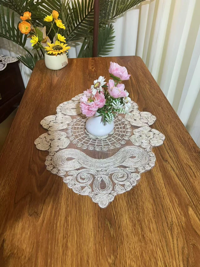 ZN085-107粗绳绣【40*60】麻本色非遗法斯麻绳绣桌布茶几布盖巾