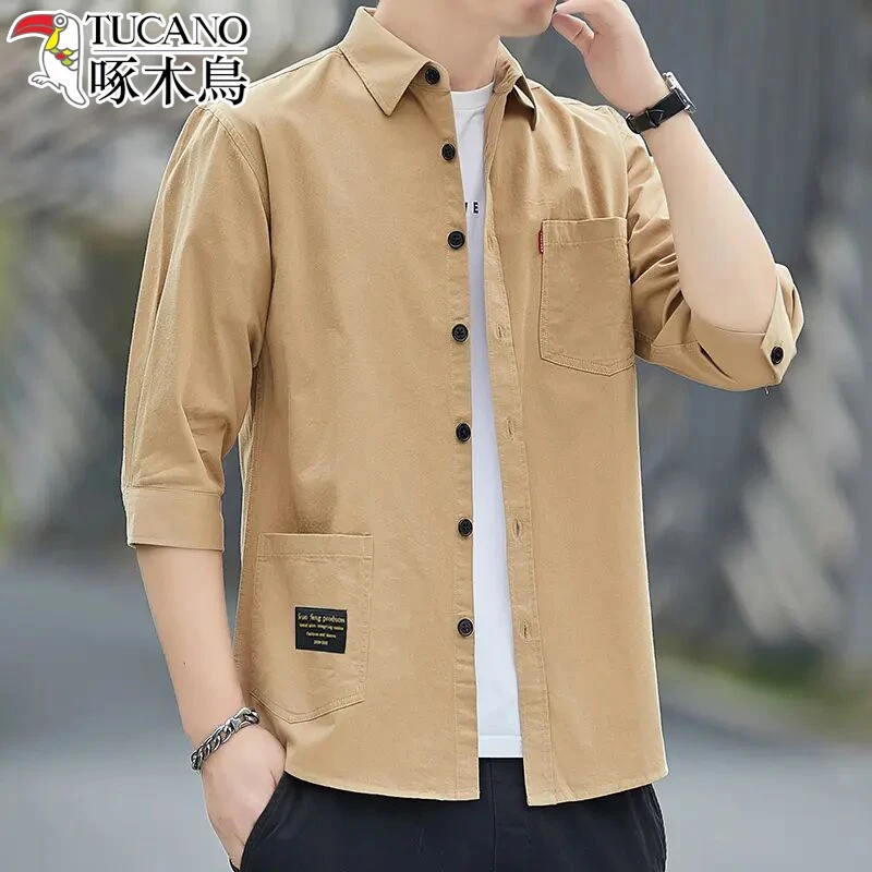 春秋季纯棉七分袖男士衬衫休闲薄款长袖衬衣男工装夏季中青年外套