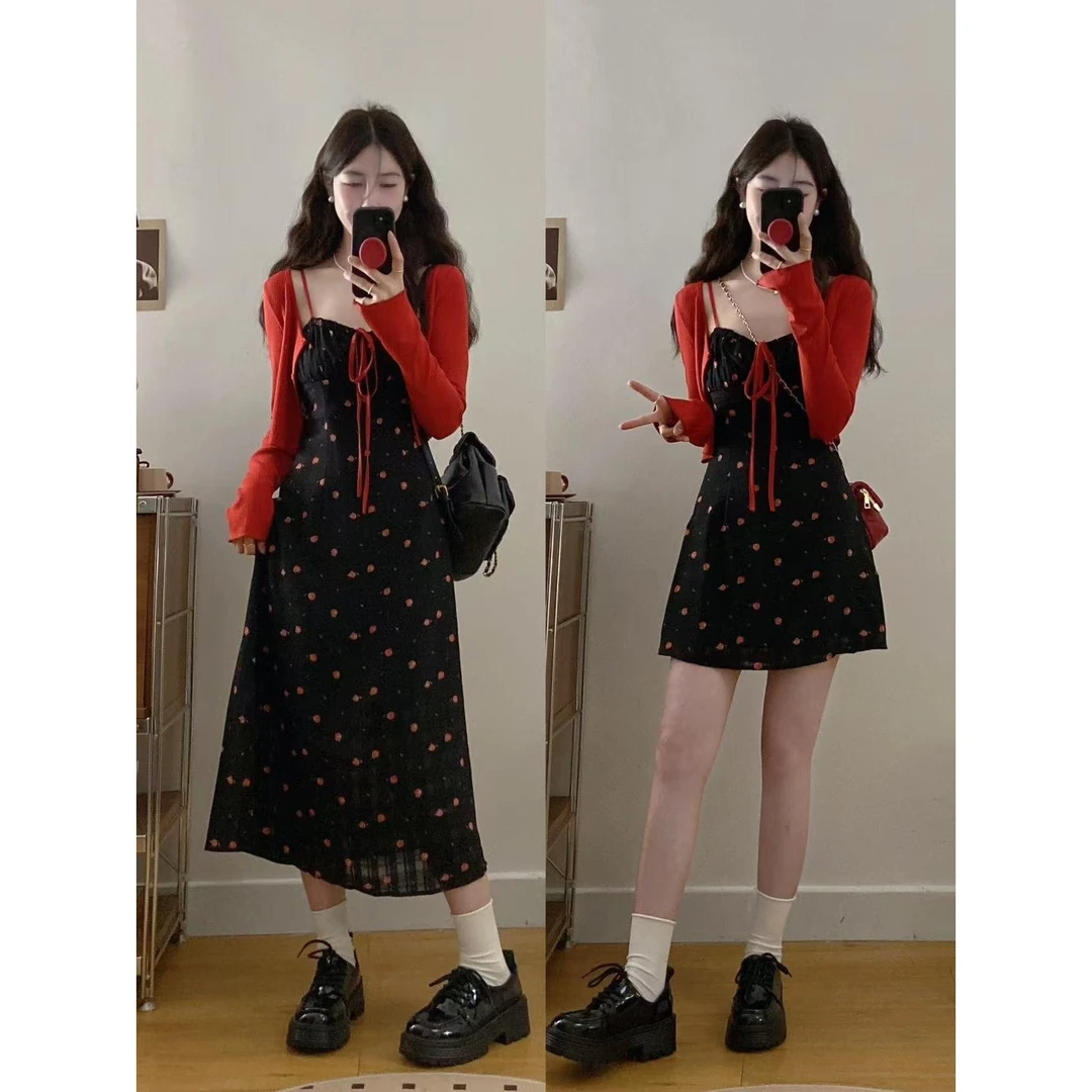 大码-盛夏玫瑰法式碎花高腰显瘦吊带连衣裙外搭开衫两件套女气质