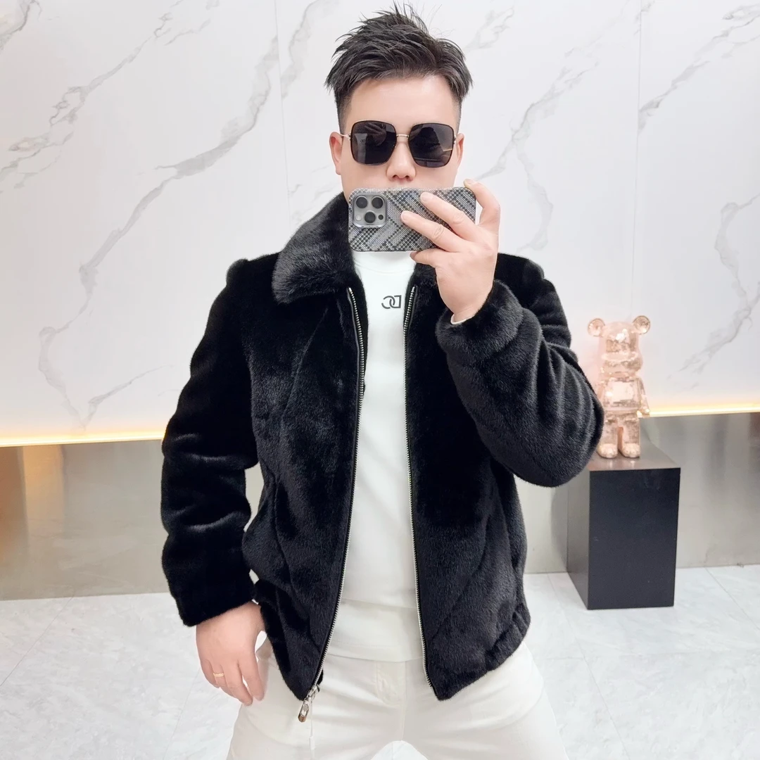 貂绒保暖男士夹克2025秋冬新款潮牌简约纯色气质翻领时尚外套潮