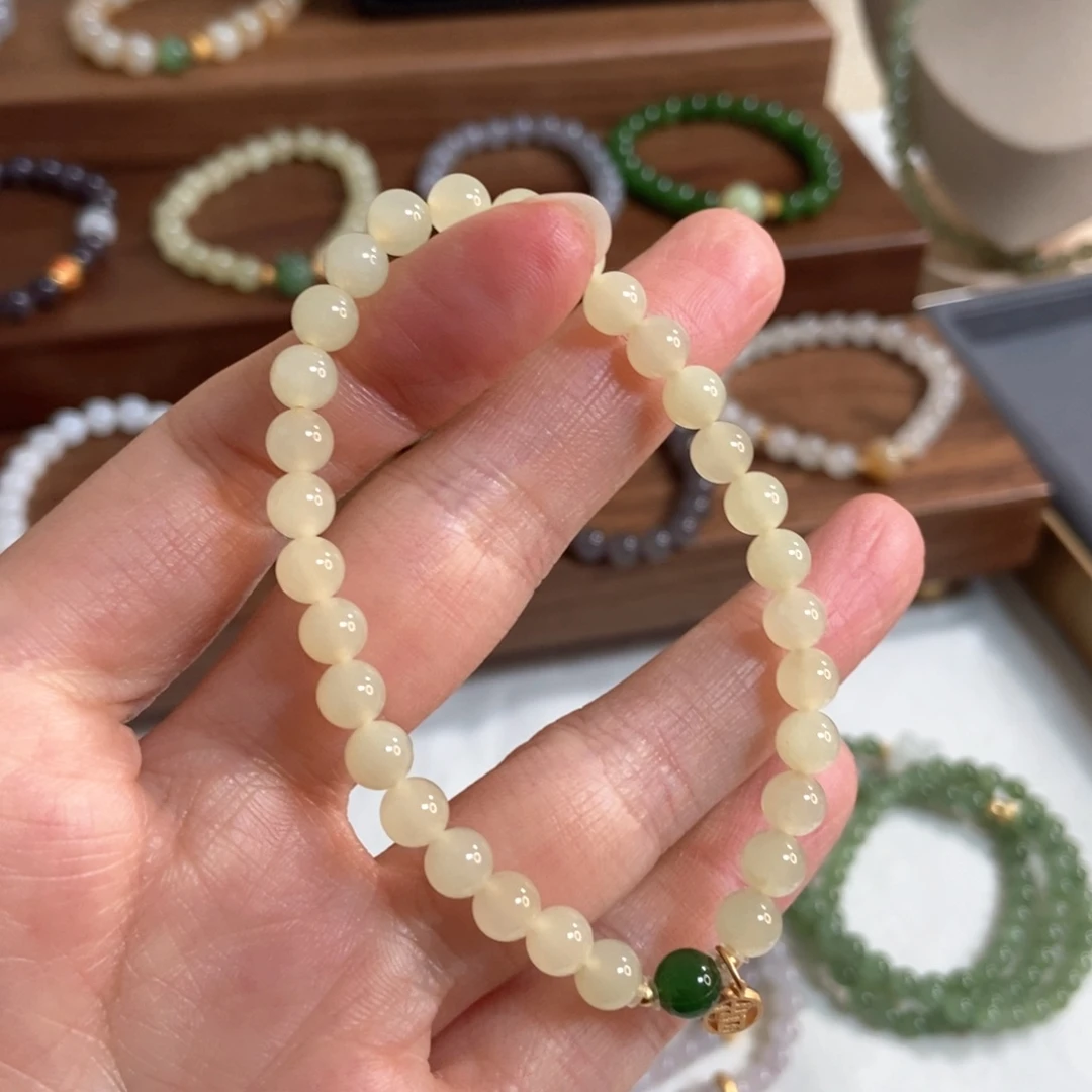 和田玉手链银S925镶嵌6mm黄口福利