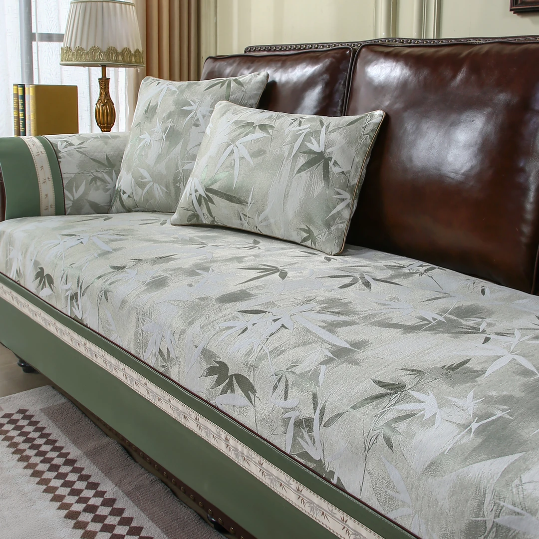 美式复古大巴顿皮沙发专用坐垫高端沙发垫沙发套防滑四季浮光竹影