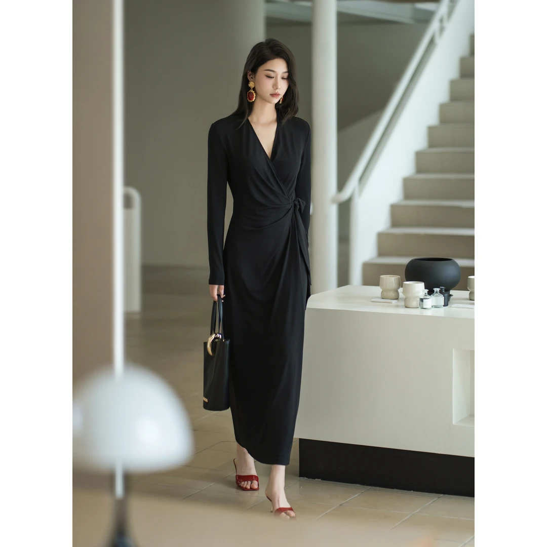NIXNIA 简约V领围裹式连衣裙女优雅黑色长裙 NGD2FST017