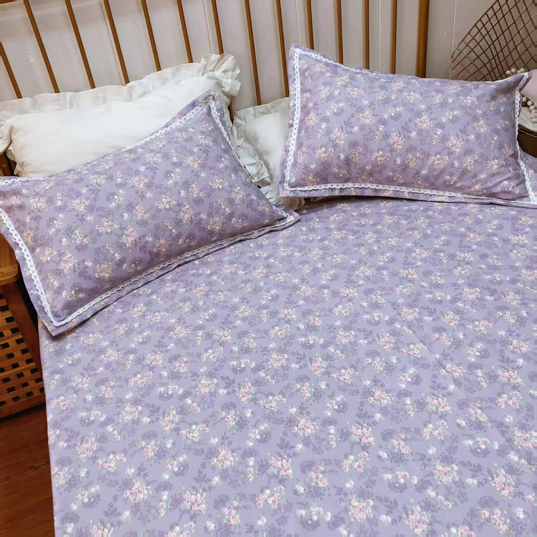 花边床单三件套 加厚粗布 原棉大帆布2.45×2.3米防滑透气【紫花田】