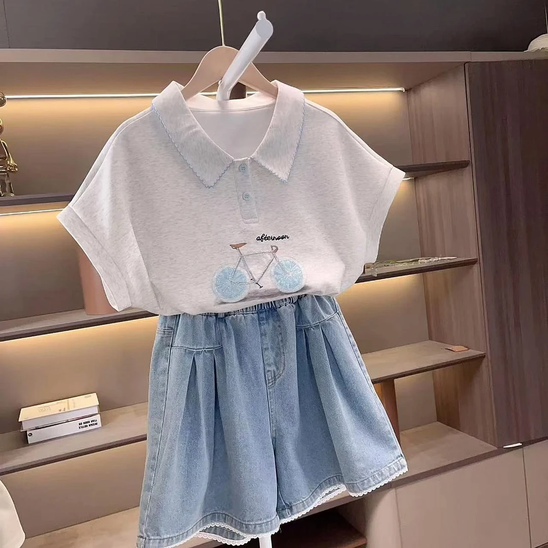 女童POLO短袖短裤套装夏季2025新款大童休闲T恤蕾丝花边牛仔中裤