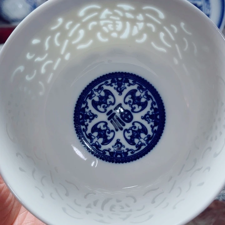青花玲珑5寸饭碗满雕满福