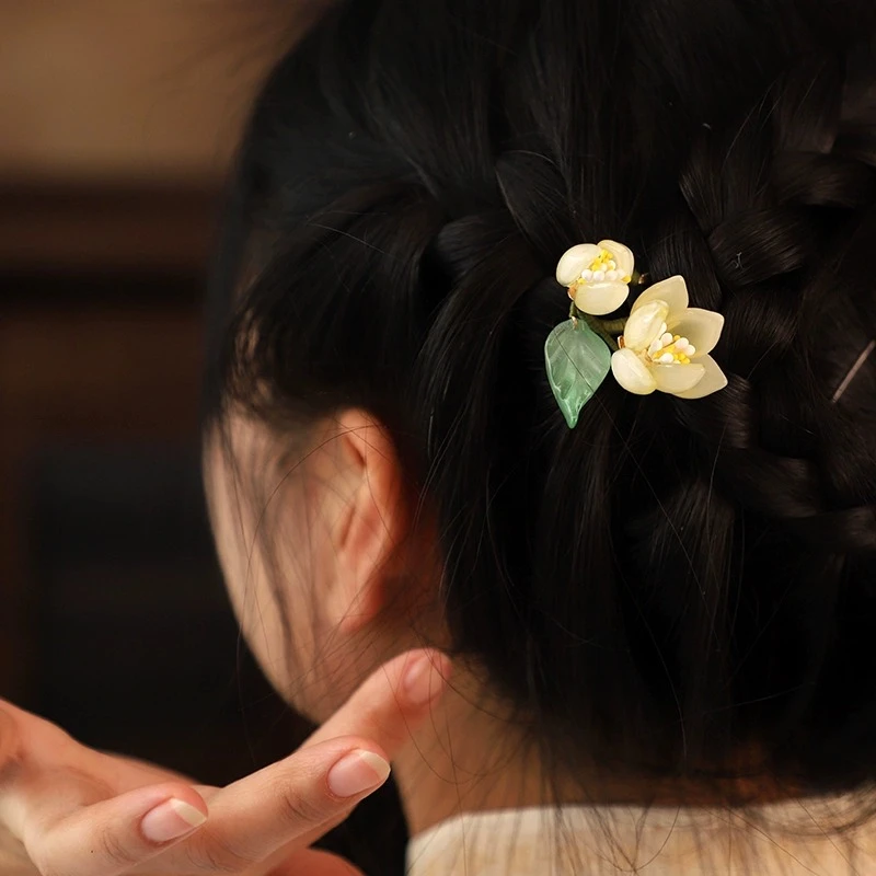 玉兰花U型发梳琉璃发叉发簪汉服古风宋制明制插梳头饰古风发饰