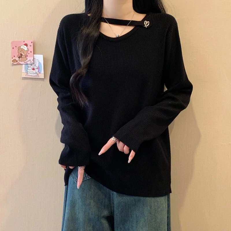 大码镂空V领长袖针织打底衫女春秋新款胖MM宽松显瘦百搭洋气上衣