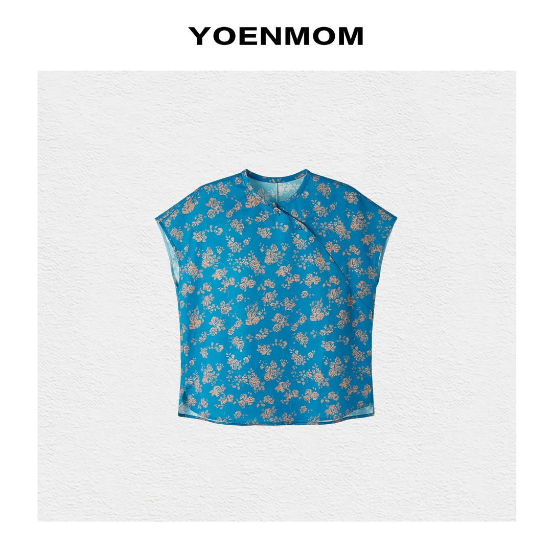 YOENMOM·蔓花集·夏季新品 桑蚕丝棉提花国风斜襟显瘦飞飞袖上衣