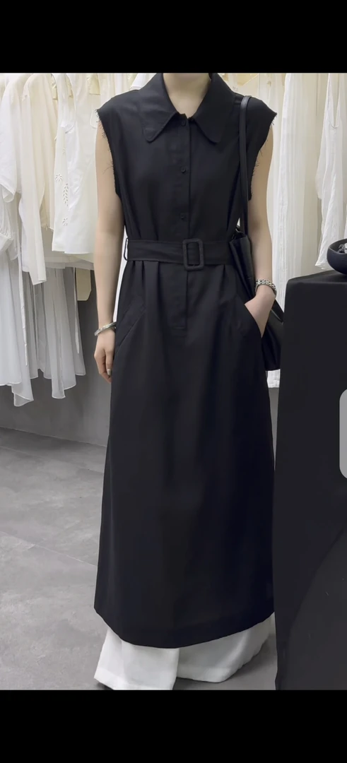 狄卡洛 连衣裙天丝麻宽松舒适显瘦收腰翻领减龄长款连衣裙